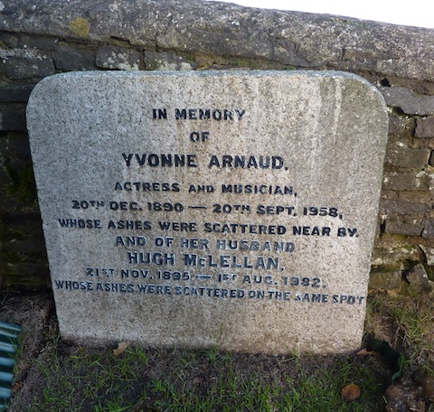 The memorial that marks where Yvonne Arnaud's ashes were scattered in the churchyard at St Martha's near Chilworth.