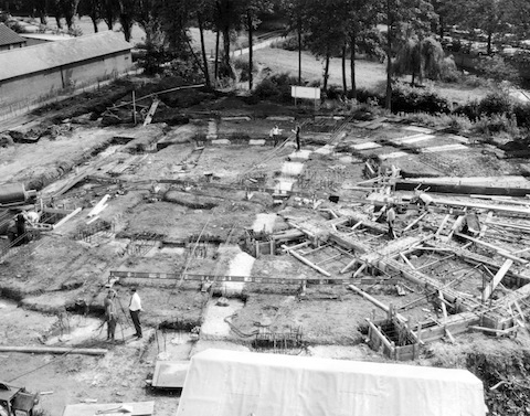 In this view work has just started on the building of the Yvonne Arnaud Theatre.