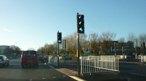 The new traffic lights and junction in Egerton Road near the Surrey County Hospital, the University of Surrey and the Surrey Research Park.