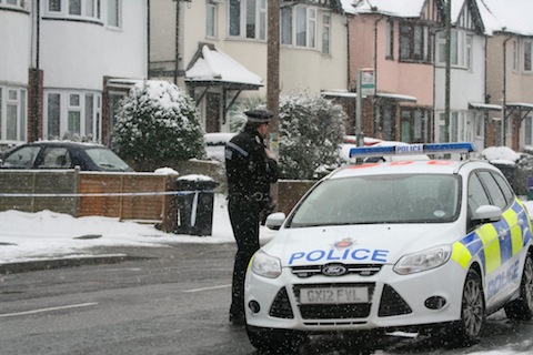 A police officer on Woodbridge Hill after the attempted robbery on Sunday afternoon, January 19.