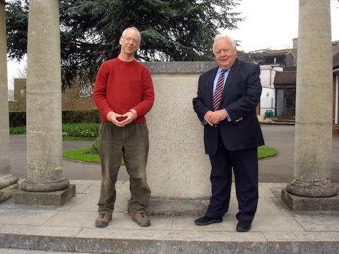 Andrew Schindel (left) pictured with Alderman Bernard Parke in front of Guildford's war memorial in the Castle Grounds this week. Andrew has already been meeting up with people who have wartime memories and information.