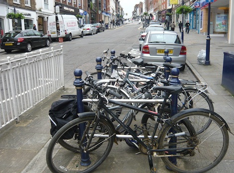 A full bike rack on Guildford High Street shows the increasing popularity of cycling in the borough.