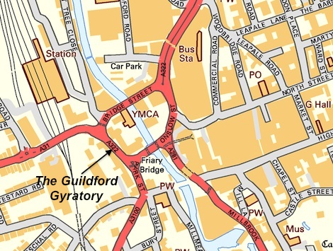 The Guildford gyratory operates as a very large roundabout but forces many vehicles to cross the river twice when more direct routes could mean they would not need to at all.