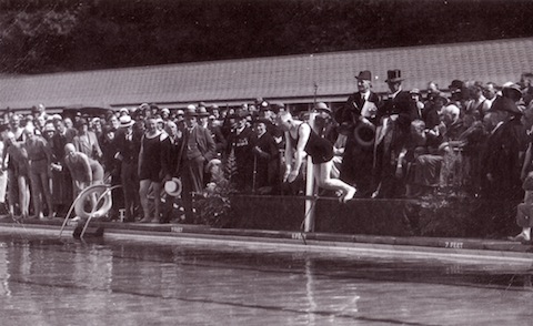 Flashback to 1933: The then Mayor of Guildford, William Harvey, takes the first dive into the new lido.