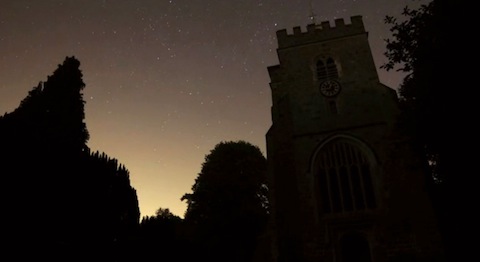 Screen grab from Dan's time lapse film showing the night sky from Worplesdon Churchyard.