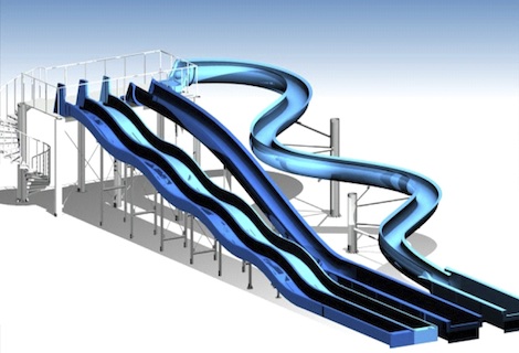 Illustration of the new slides to be installed at Guildford Lido. The three types of slide are from left to right: a twin lane switchback, a fast straight 'kamikaze' and the twisty 'anaconda' - Image by Hippo Leisure