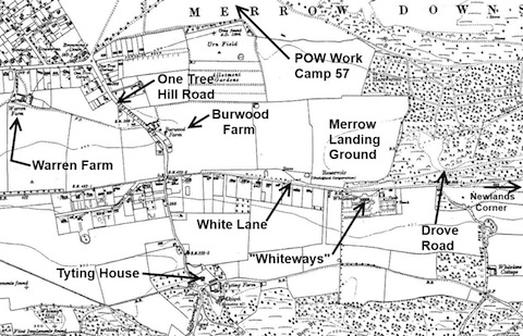 1930s map showing wartime location of Merrow Landing Ground.