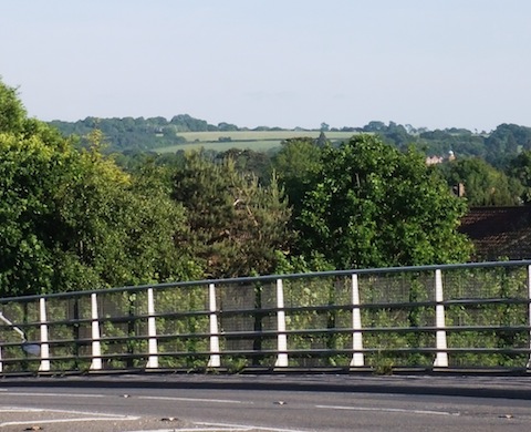 Merrow Landing Ground (highest central field) from Clay Lane bridge over the A3 at Burpham.