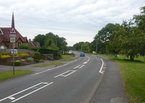 Wonersh Common Road where last weeks road accident occurred. The United Reformed Church can be seen on the left.