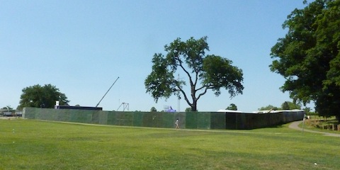The fencing is up around the festival site. That old tree has witnesses some legendary bands over the years!