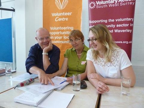 Pictured from left at the launch of Welcome to Volunteering!: the project co-ordinator Nigel Smallbone; Voluntary Action South West Surrey trustee and chair of the meeting, Ruth Goddard; and the welcome project manager from Southern Addictions Advisory Service, Fru Toth.