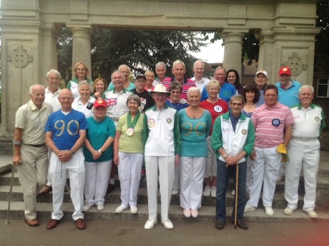 Castle Green teams dressed for the club's 90th birthday occasion; president Derek Redgwell at centre (in hat) flanked by captain Diana Summerhayes (shirt with 90).