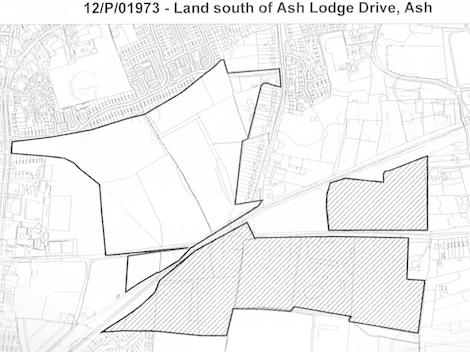 The plan to be considered by Guildford Borough Council. Outlined area is where the 400 houses would go and the shaded area  would  cease being agricultural and be landscaped for amenity use