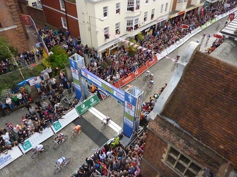 Last year's finish viewed from the roof of Abbot's Hospital in Guildford High Street.
