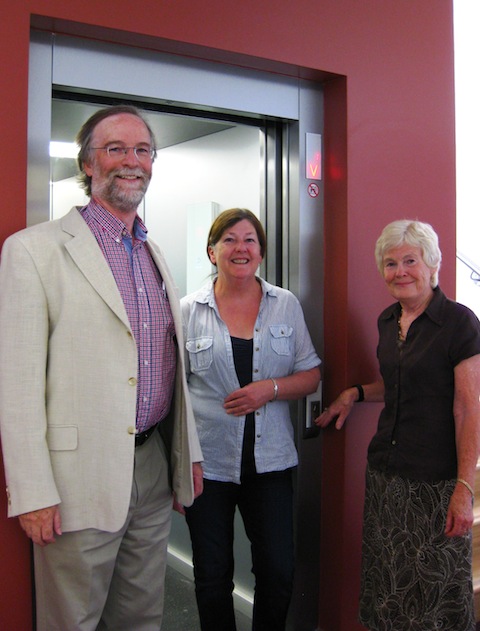 Guildford Institute chairman Mike Adams and trustees Margaret Jack and Lesley Scordellis of the fundraising committee using the lift.