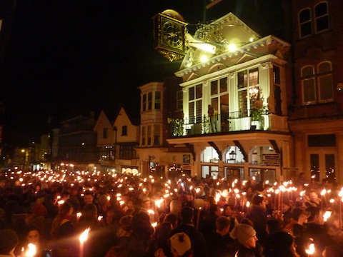 Procession at the 2012 Bonfire Night celebrations makes its way from High Street to Stoke Park.