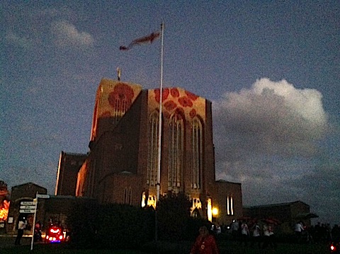 A pictured sent in by Shirley West soon after the illumination was switched on shows there are in fact more poppies above the west door. However, these were not visible later in the evening (see previous photo) when the main cathedral outside lights were turned on.