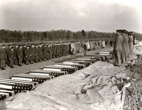 A funeral ceremony for American airmen at the US Cemetery Cambridge, England.