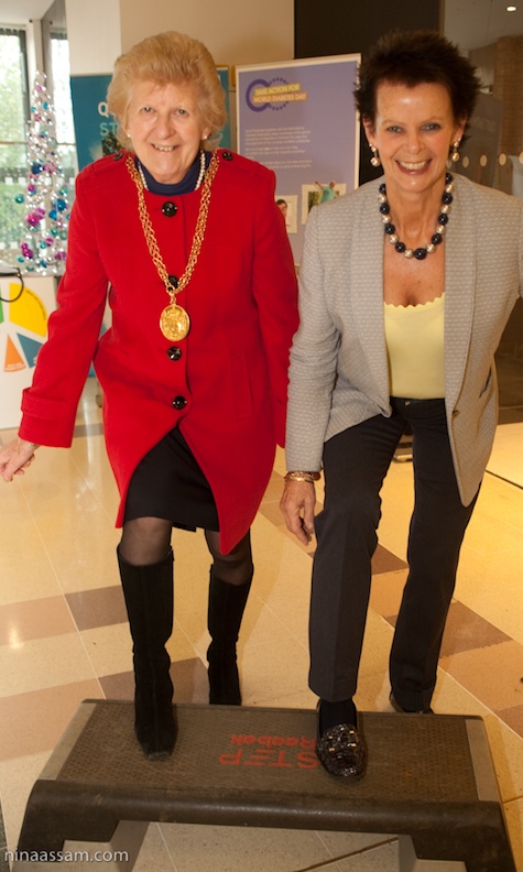 Stepping up together to help the World Diabetes Day Guildford's Mayor Cllr Diana Lockyer-Nibbs and Anne Milton MP