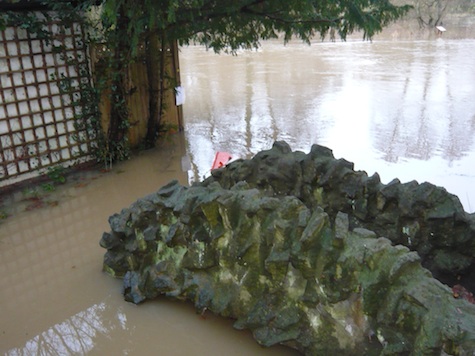 The ornamental bridge by the river and Ferry Lane is almost entirely under water.