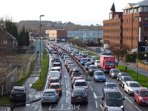Traffic builds along Ladymead on the approach to the Stoke interchange.