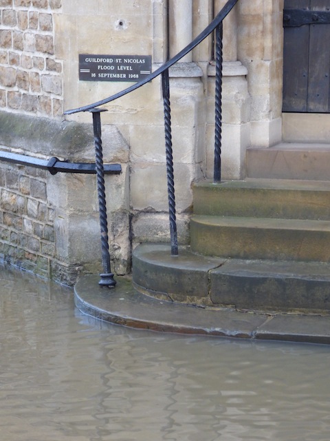The water is not so high as it was in 1968, as seen by the plaque at St Nicolas' Church.