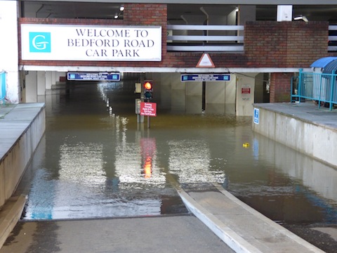 Bedford Road car park under water again.