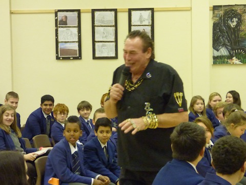 Bobby entertains the pupils while giving them some useful maths advice.