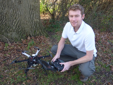Dan James with his radio-controlled drone that has a tiny camera attached.