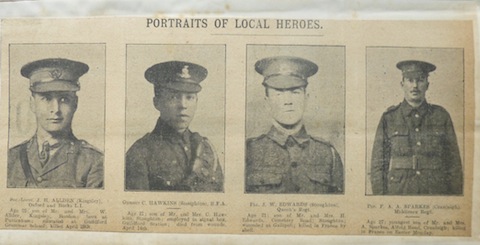 Local newspaper cutting of men killed in action during the First World War. From a scrapbook in the archives at the Guildford Institute.