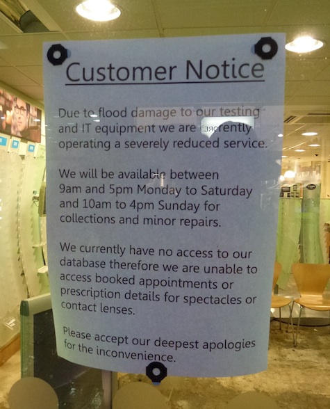 Specsavers wre closed from December 27 to New Year's Eve. The equipment the use for conducting eye tests is still inoperable so although the shop is manned it is only to allow customers to collect spectacles that have been ordered.