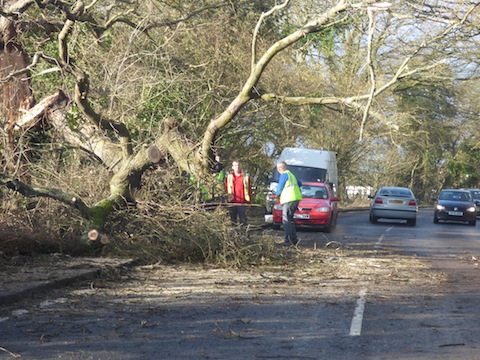 Clearing away the branches of a tree that fell in the A323 between Fairlands and Clasford Bridge, Worplesdon.