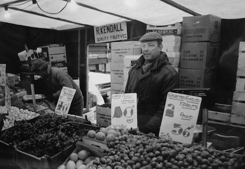 Never without his trademark flat cap, Richard Kendall on his stall at Guildford's North Street market in 1988.