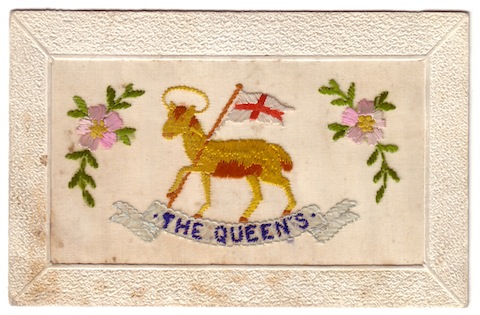 Wartime 'silk' postcard featuring the badge of The Queen's (Royal West Surrey) Regiment.
