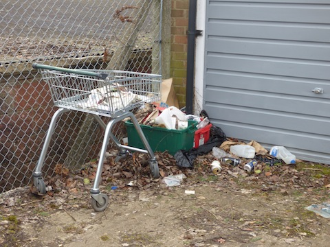 An ubiquitous abandoned shopping trolley along with other litter.