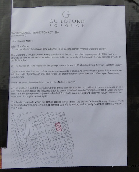 Council notice to garage owners warning them of conditions over dumped material on their land.