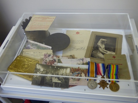On of the display cabinets packed with interesting items - this one relating to the First World War when it was used as a military hospital.
