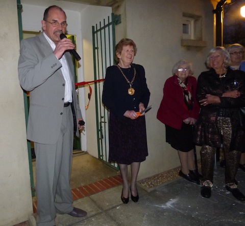 The Mayor of Guildford, Diana Lockyer-Nibs and John Redpath at the opening of the exhibition.