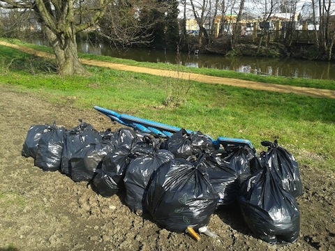 Twenty-two bags of litter that my volunteers and I picked up from the towpath after it was deposited by the winter floods. Thanks go to Guildford Borough Council for collecting and disposing of it free of charge.