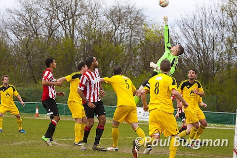 Goalmouth action between Guildford City and North Leigh.