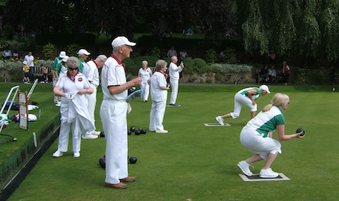 Castle Green playing at home against Milford on June 1. Bowling are Hazel Tappenden, foreground, and Diana Summerhayes (further on).