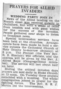 Newspaper report of prayers being sent for Allied invaders.