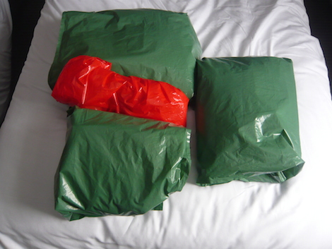 My touring kit all packed up in its polythene parcels to give it double protection against the weather.