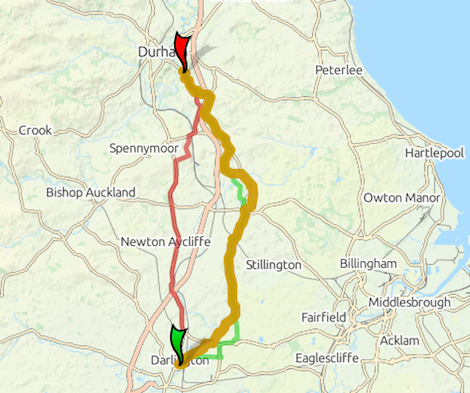Our planned route from Darlington to Durham via Sedgefield.