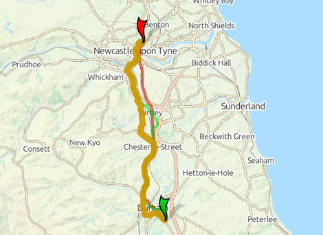 The brown line is my plotted route to Newcastle - mainly alongside main roads.