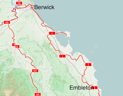 My route from Embleton to Berwick followed the National Cycle Route 1, shown on the map by a thin red line.