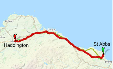 The red line shows my route from St Abbs to Haddington.