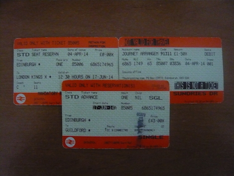 My train tickets - £43 for the whole journey from Edinburgh to Guildford seemed a good deal.