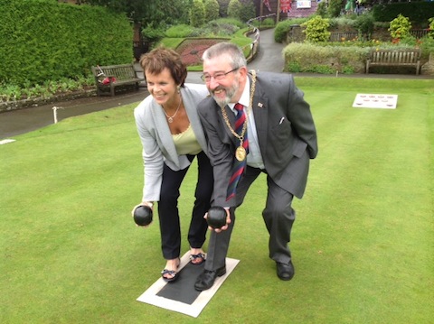 Guildford MP Anne Milton and the Mayor of Guildford, David Elms, try their hand at bowls at the Castle grounds during the wartime theme event on Saturday. Castle Green Bowling Club always welcomes new members.