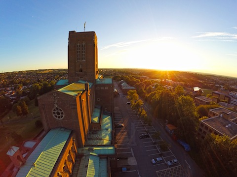 Guildford Cathedral with the sun beginning to set.